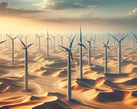 High-definition, realistic image of a vast wind farm in Egypt. Illustrate the array of towering wind turbines spread across the sandy landscape, creating a stir of technological advancement in renewable energy against the backdrop of the classic Egyptian sand dunes and the clear blue sky. Indicate the visual representation of a major investment in the country's renewable future suggesting a potentially transformative shift in energy production.