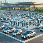 Create a realistic, high-definition visual representation of a scene showing the boom in electric vehicles in Florida. This image should capture the essence of numerous fully electric cars lining up in front of a modern, efficient charging station, indicating that charging up these environmentally friendly vehicles has become easier. Ideally, the image should also depict a diverse array of people with different genders and descents, all seemingly excited and satisfied with their electric vehicles and the availability of the charging station.