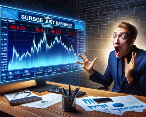 Create a realistic and high-definition representation of surge in Tempus Shares! The scene should capture the element of surprise like sudden spikes on a graph, and a shocked financial analyst looking at the screen with widened eyes. The headline on the screen reads: 'What Just Happened?'