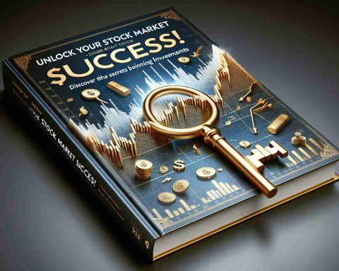 A high-definition realistic image featuring the cover of a fictional book titled 'Unlock Your Stock Market Success! Discover the Secrets Behind Winning Investments'. The cover design should include a golden key unlocking a glossy, detailed illustration of a stock market graph showing an upward trend. The title should be prominently displayed in an impactful font at the top. The background can feature symbols related to finance and investment, such as dollar signs and coins, subtly incorporated into the design.