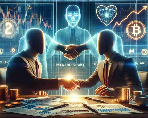 Create a realistic, high-definition image that conceptually represents new investments surging in a cryptocurrency platform. The scene should possibly include elements like a surge in stock charts, glowing graphs on a computer screen, a firm handshake between two anonymous individuals symbolizing fresh business partnerships, and a vague headline on a financial newspaper stating 'Major Stake Changes Unveiled'. Please avoid featuring recognizable logos or specific corporate identities.