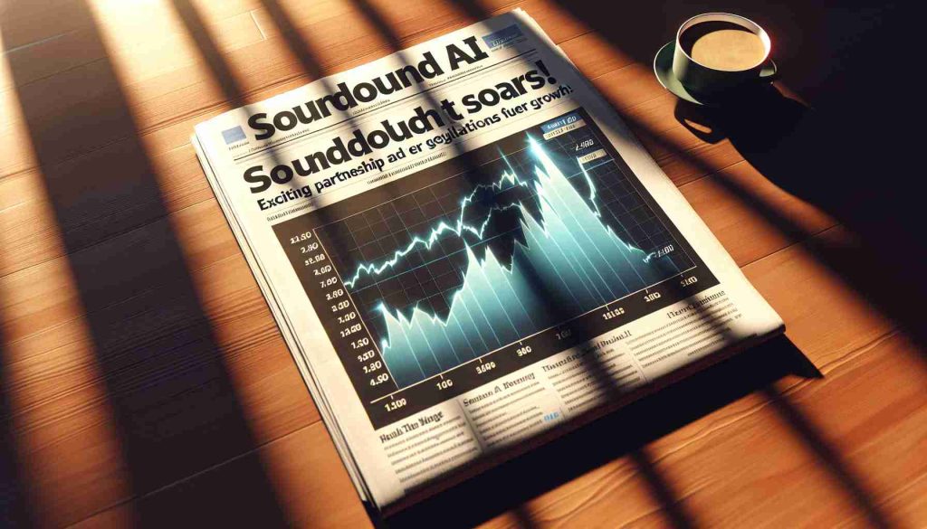 High-definition image of financial charts soaring up alongside a newspaper headline reading: 'SoundHound AI Stock Soars! Exciting Partnership and New Regulations Fuel Growth'. Let it be an afternoon setting with warm sunlight is pouring over the chart and crisp shadows reflecting on a mahogany desk to give an editorial touch.