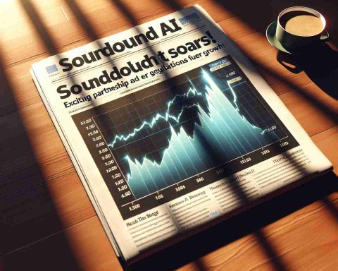 High-definition image of financial charts soaring up alongside a newspaper headline reading: 'SoundHound AI Stock Soars! Exciting Partnership and New Regulations Fuel Growth'. Let it be an afternoon setting with warm sunlight is pouring over the chart and crisp shadows reflecting on a mahogany desk to give an editorial touch.