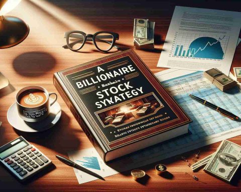 A well-crafted, high-definition illustration that visualizes the concept of 'Investing Insights.' There's a book titled 'A Billionaire's Stock Strategy Unveiled,' lying open on an elegant mahogany table. Around the book, you see financial papers, a calculator, a pair of glasses, and on a side coffee-filled mug with the text 'Top Picks to Watch'. Bright light from a desk lamp illuminates the setup while casting long, dramatic shadows.