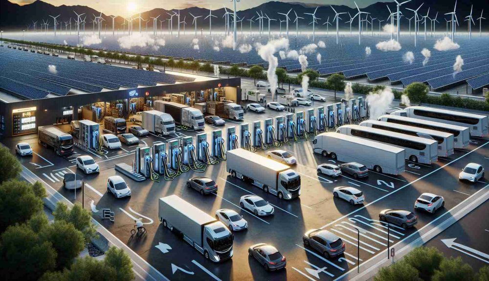 A high-definition, realistic depiction of a transformative moment in the future of electric vehicle (EV) charging infrastructure. This game-changing event is targeted, in particular, for fleets of EVs. Imagine a large, efficiently designed charging station, bustling with activity. Electric-powered trucks, vans, and cars—all part of various fleets—arriving and departing, being charged in an instant. The setup includes renewable energy sources like solar panels and wind turbines, providing the power needs for the station. The image also captures the technological advancements in charging equipment, showcasing automation and high-speed charging capabilities.