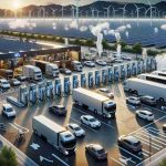 A high-definition, realistic depiction of a transformative moment in the future of electric vehicle (EV) charging infrastructure. This game-changing event is targeted, in particular, for fleets of EVs. Imagine a large, efficiently designed charging station, bustling with activity. Electric-powered trucks, vans, and cars—all part of various fleets—arriving and departing, being charged in an instant. The setup includes renewable energy sources like solar panels and wind turbines, providing the power needs for the station. The image also captures the technological advancements in charging equipment, showcasing automation and high-speed charging capabilities.