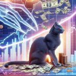 A dynamic, high-definition illustration encompassing the idea of 'Paws and Profits: A New Era for Cat Stock'. The image could include things like charts showing a steep surge, perhaps shaped subtly like cat claws, and symbolic visuals related to felines. Potential elements could include, for example, a sleek cat sitting on top of a rising stocks line graph, with coins or bills raining down in the background.