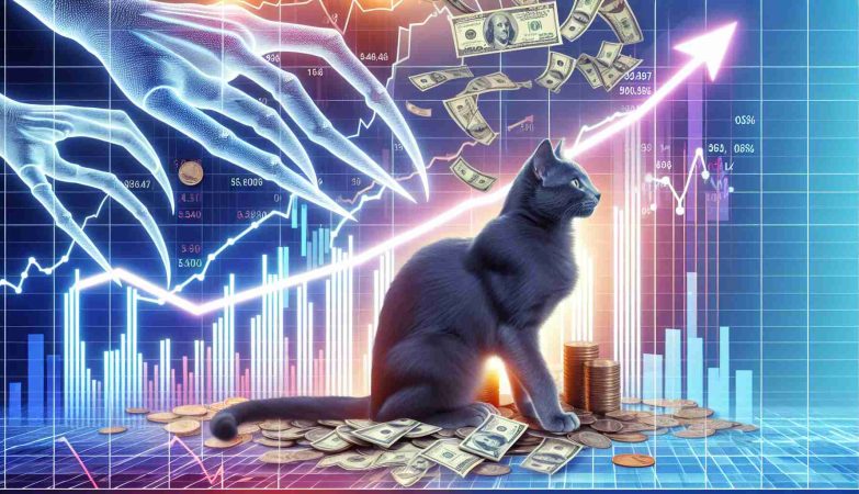 A dynamic, high-definition illustration encompassing the idea of 'Paws and Profits: A New Era for Cat Stock'. The image could include things like charts showing a steep surge, perhaps shaped subtly like cat claws, and symbolic visuals related to felines. Potential elements could include, for example, a sleek cat sitting on top of a rising stocks line graph, with coins or bills raining down in the background.