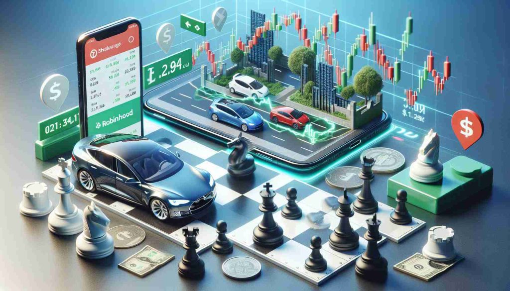 Generate a realistic HD image that visually represents the concept of Tesla and Robinhood as game-changers in the world of investing. The image could show a diorama with symbols like an electric car and a mobile device that has a stock market application running on it, preferably showing a positive trend. Additionally, a chessboard with pieces mid-game could signify the strategic aspect of investing, highlighting the changes brought about by these companies.