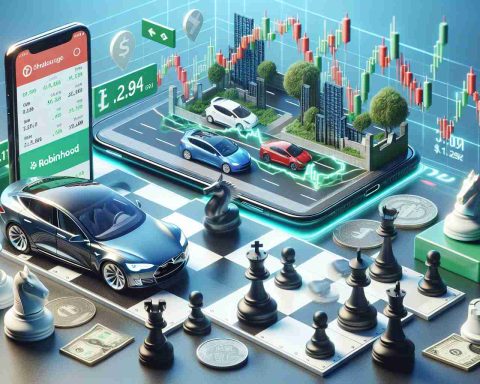 Generate a realistic HD image that visually represents the concept of Tesla and Robinhood as game-changers in the world of investing. The image could show a diorama with symbols like an electric car and a mobile device that has a stock market application running on it, preferably showing a positive trend. Additionally, a chessboard with pieces mid-game could signify the strategic aspect of investing, highlighting the changes brought about by these companies.