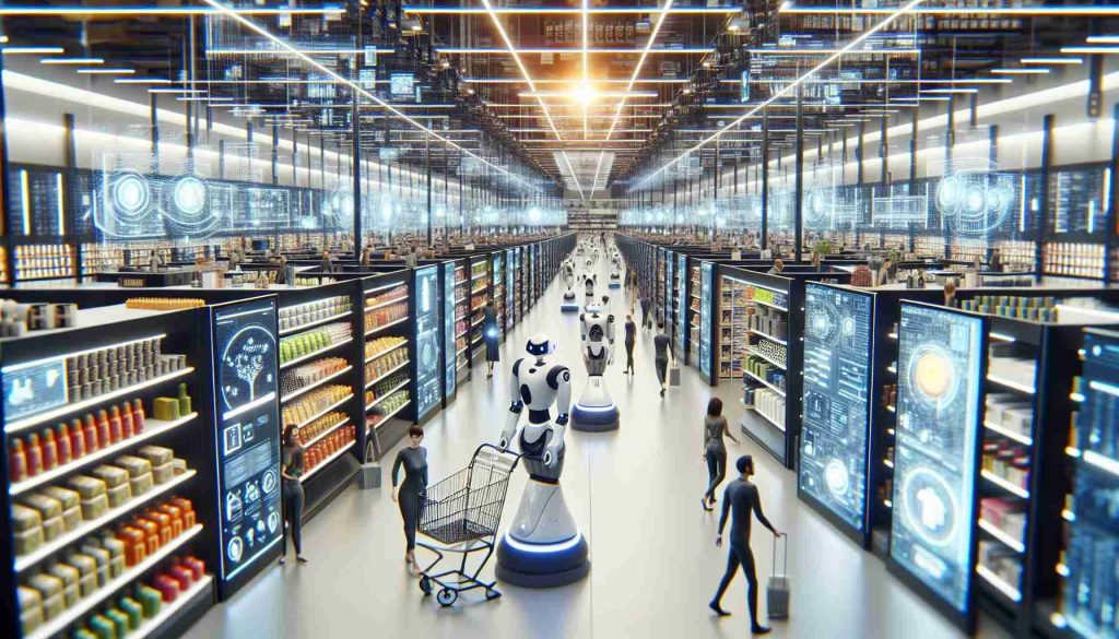 High-definition, realistic depiction of an envisioned future of shopping. A sprawling, technologically advanced store infused with artificial intelligence integration. Virtual assistants guiding diverse shoppers through aisles of goods collected at every instant, robotic arms sorting and arranging items on shelves, and digital screens providing detailed product information. Focus should also be given to customers checking out autonomously via automated payment systems, marking a new era of retail concepts.