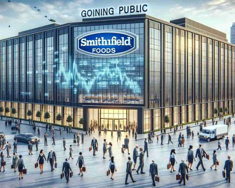 A high-resolution, realistic image depicting the concept of Smithfield Foods going public. Show a large, modern corporate building with the company's logo on the front. Display an image of bustling activity with people of varied genders and descents. These individuals can be seen discussing, walking, and possibly holding documents related to stocks and shares. Physical symbols of stock market such as stock charts and ticker tape can also be included in the image. The overall mood of the image should convey excitement and anticipation.