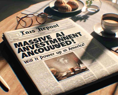 A high-definition, realistic image of a newspaper headline reading 'Massive AI Investment Announced! Will It Power Up America?' The newspaper should look freshly printed, lying on a table with a morning coffee and reading glasses placed nearby. The background could contain subtly blurred elements of a comfortable morning scene, like a breakfast plate, a vase with flowers, or a soft morning light cascading in through a window.