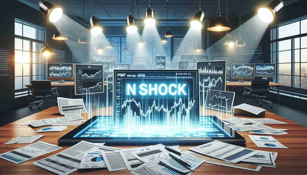 Generate a realistic HD image symbolizing the concepts of 'insider moves', shock, and PBF Energy shares receiving considerable attention. Illustrate an office environment with various documents and financial reports strewn about, highlighted by spotlights. Display a touchscreen device presenting charts and graphs showing energy stocks, especially those relating to PBF Energy, in a state of flux. Make sure to emphasize the surprise and confusion in this high-stakes financial scenario.