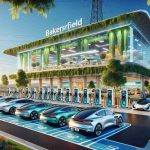 High-definition, realistic image showing the future of road trips. A state-of-the-art electric vehicle charging hub, similar to the advanced facilities found in Bakersfield, is revolutionizing travel. Numerous sleek, modern electric cars are parked and charging amidst a bustling, innovative and eco-friendly station. Green technologies and renewable energy sources are prominently featured. The location is inviting and clean, filled with amenities that cater to the needs of long-distance travelers. Vibrant colors under a clear blue sky characterize the scene.