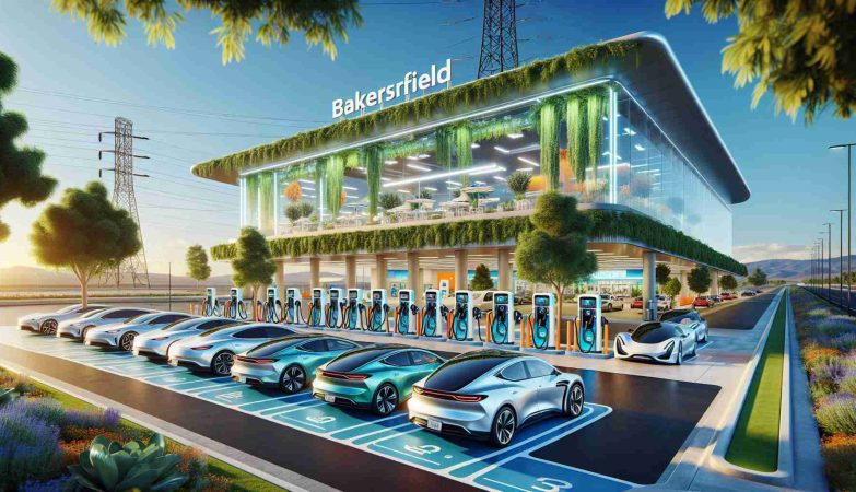 High-definition, realistic image showing the future of road trips. A state-of-the-art electric vehicle charging hub, similar to the advanced facilities found in Bakersfield, is revolutionizing travel. Numerous sleek, modern electric cars are parked and charging amidst a bustling, innovative and eco-friendly station. Green technologies and renewable energy sources are prominently featured. The location is inviting and clean, filled with amenities that cater to the needs of long-distance travelers. Vibrant colors under a clear blue sky characterize the scene.