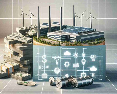 A realistic high-definition image of a huge pile of currency, symbolizing abundant funding, sitting next to a blueprint depicting a large-scale factory. This factory is set against a backdrop of renewable energy icons such as wind turbines, solar panels and a battery representing clean energy storage. Next to the pile of money is a startup company logo, signaling their plan to construct this massive battery factory.