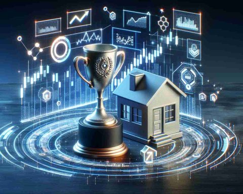 A high-definition, realistic image that represents the concept of artificial intelligence predicting housing stocks. Showcase symbolic elements such as digital graphs, a model of a house and symbols indicating future investments. Emphasize on features representative of a champion, like a trophy or medal, subtly suggesting the winning potential in the housing market investments. Please note the image does not depict any specific company or corporation, just the overarching theme of intelligent investment in the housing sector.