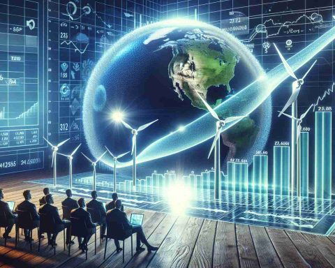 An ultra high definition, realistic image representing the concept of investment boom. A metaphorical visualization should include elements related to renewable energy, indicating the growth of a speculative company in that sector. The scene could contain a graph showing a rising curve, symbolizing the increasing stock value, and eager investors observing and studying the promising trend. Please avoid any specific company logos or references.