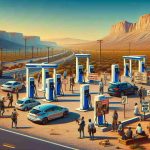 Generate a realistic, high-definition image representing the escalating controversy around electric vehicle (EV) charging stations in a region characterized by its Imperial County-like setting. Picture the juxtaposition of charging stations, electric cars and traditional gas stations, with a backdrop of desert scenery. Include elements suggesting conflict such as protest signs, agitated discussions or newspaper headlines. Make sure to evoke a sense of urgency and the need for resolution. Remember, this image should look like it could accompany an informative 'What You Need to Know' article.