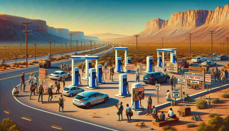 Generate a realistic, high-definition image representing the escalating controversy around electric vehicle (EV) charging stations in a region characterized by its Imperial County-like setting. Picture the juxtaposition of charging stations, electric cars and traditional gas stations, with a backdrop of desert scenery. Include elements suggesting conflict such as protest signs, agitated discussions or newspaper headlines. Make sure to evoke a sense of urgency and the need for resolution. Remember, this image should look like it could accompany an informative 'What You Need to Know' article.