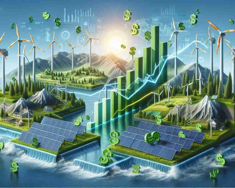 A realistic high definition image of the concept 'Is investing in Green Energy stocks a smart move?' diving into opportunities. Picture the summarized scene of green energy like wind turbines, solar panels, hydroelectric dams along with symbolic representations of financial growth like rising line graphs, stock market tickers, dollar signs. Please refrain from showcasing any specific brand or company logos.