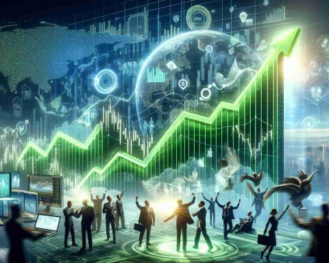 A photorealistic high-definition representation of a surging stock graph for a generic technology company, meant to symbolize significant growth in the year 2023. The image highlights the dramatic upward trend of the company's shares, underscored by a bright green color. Scenes of economic vitality surround the graph, such as business professionals celebrating, and various devices showcasing advanced technology. The title of the image is 'Technology Stock Surges: Factors Fueling Growth in 2023.'