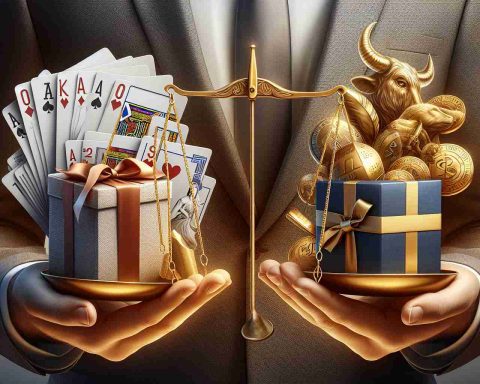 A detailed and realistic high-definition illustration that showcases the concept of stock market investments. The image portrays two hands, one holding a deck of cards with various stock market symbols like a game of chance, while the other hand is weighing a golden scale balancing risk and return. An exciting twist is shown in form of a wrapped, surprise gift box that suggests an unexpected outcome. This image is in photographic style, focusing on the uncertainty and potential surprises in the financial markets.