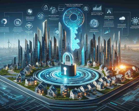 Imagine a high-quality representation visualizing the future of real estate. Display a futuristic cityscape made of sleek skyscrapers, modern houses, and advanced technology like smart homes and green energy sources. Include a massive key made of data, glowing with intricate patterns of binary codes, turning in an oversized lock placed within one of the buildings. This action signifies unlocking the potential of data in real estate and property management transformation. Moreover, the infographic could present the advantages of this integration like increased efficiency, higher return on investment, and improved tenant retention.