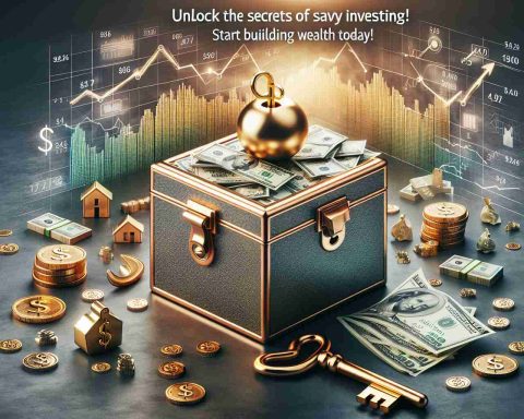 Create a high-definition, realistic image that embodies the concept of 'Unlock the Secrets of Savvy Investing! Start Building Wealth Today'. The image could feature, but not limited to, elements such as a golden key unlocking a strongbox filled with financial icons like dollar signs, graphs indicating growth, and symbols of various investments like a house for real estate, tiny gold bars for precious metals, and a snippet of a stock market chart for stock investments. The tone should be optimistic; the imagery should emanate a sense of potential wealth and prosperity that one can acquire through wise and informed investment.