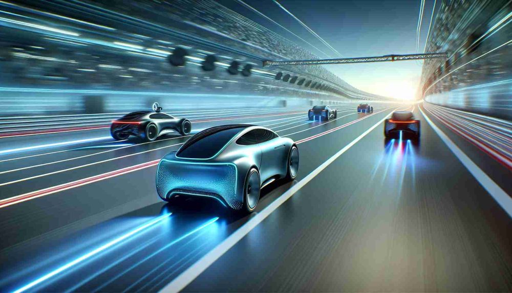 A high-definition, realistic illustration depicting a scene where an autonomous electric car, symbolically representing one of innovative technology companies, is ahead in a race. The other competitors, representing various other technology companies, are trailing behind. The scene should capture the tension and excitement of a high-stakes race utilizing abstract concepts. Please avoid using any logos or explicit company names.