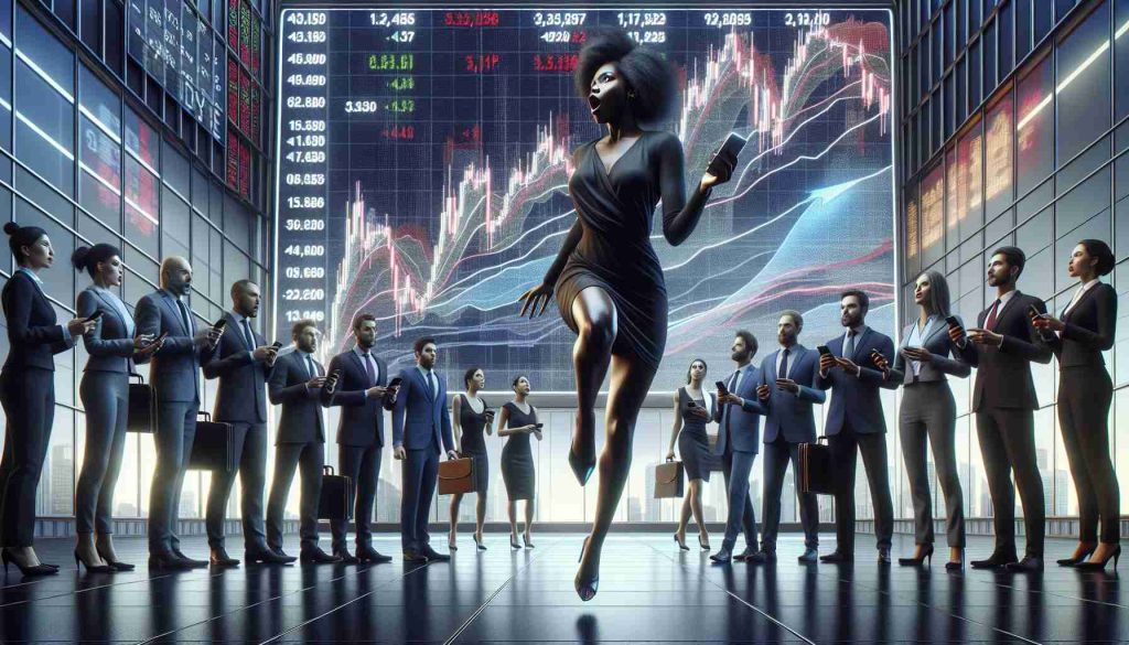 A high-definition, realistic image showing a dynamic stock market scene. A large, electronic billboard displays a dramatic surge in stock prices, with numbers and graphs trending sharply upwards. Surrounding this, we see traders, an equal mix of males and females with diverse descents such as Caucasian, Hispanic, Black, Middle-Eastern, and South Asian, expressing a range of reactions - from shock to exhilaration. A key figure - a confident, Black woman trader - steps forward, holding her smartphone, in an act symbolizing a strategic, game-changing move.