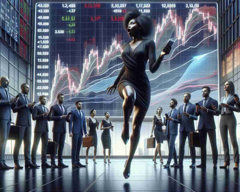 A high-definition, realistic image showing a dynamic stock market scene. A large, electronic billboard displays a dramatic surge in stock prices, with numbers and graphs trending sharply upwards. Surrounding this, we see traders, an equal mix of males and females with diverse descents such as Caucasian, Hispanic, Black, Middle-Eastern, and South Asian, expressing a range of reactions - from shock to exhilaration. A key figure - a confident, Black woman trader - steps forward, holding her smartphone, in an act symbolizing a strategic, game-changing move.