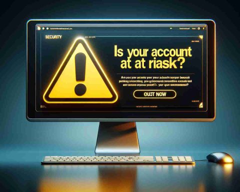 Create a realistic high-definition image illustrating online cyber security. Depict a computer screen displaying a text-based security warning message that says 'Is Your Account at Risk? Find Out Now'. Improve the overall impact of the message with a cautionary yellow triangle sign with an exclamation mark in the middle, located near the text.