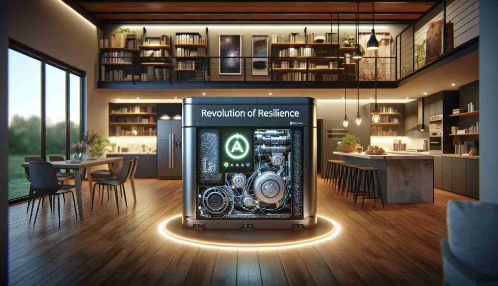 An HD realistic image showcasing the revolution of resilience. It features AI-powered generators installed in a modern home setting. The home is beautifully lit, comfortably furnished, and equipped with various smart devices. The AI-powered generator, the star of the scene, is depicted as an impressive, futuristic machine with visible complex components implying state-of-the-art technology. Indicators on the machine suggest that it's operational and supplying power to the home. The overall impression is one of cutting-edge technology coexisting seamlessly with everyday home functionality.