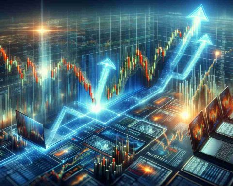 Realistic high definition illustration of an unprecedented surge in the stock market. Highlight two artificial intelligence stocks shown in a dramatic upward trend, surpassing the levels of a well-reputed tech company.