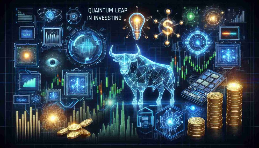 Design an HD image for 'Quantum Leap in Investing', a concept for a technologically advanced future of stock market investments. Envision futuristic elements such as digital graphs, microchips, quantum computer visual representations, alongside traditional symbols commonly associated with investing such as gold coins, currency symbols, or a stylised bull and bear. Make the image realistic and incorporate the text: 'Discover the Future of Tech Stocks.'