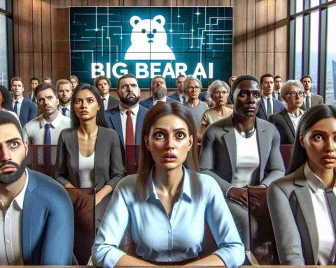 A high-definition, realistic image depicting a variety of investors visibly concerned and unsure. They are positioned in a modern office setting, perhaps in a conference room with a large screen in the background displaying the brand logo for an abstract tech company with a name like BigBear.ai. Their faces display a range of emotions from worry to uncertainty. Include men and women from different descents, such as Caucasian, Hispanic, Middle-Eastern, Black, and South Asian, to represent the broad diversity in the investment world.