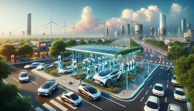 Create a hyper-realistic, high-definition depiction of a futuristic electric vehicle (EV) charging station, envisioning a significant revolution in road trips. The station should be technologically advanced, equipped with smart features and showcasing renewable energy sourcing. It could be nestled in a lively locale with assorted electric vehicles represented. The picture should reflect how such stations could be seamlessly incorporated into urban and rural landscapes, facilitating long-distance travel with sustainable power options. A clear sky above and a scattering of surrounding greenery should contribute to an overall harmonious blend of technology and nature.