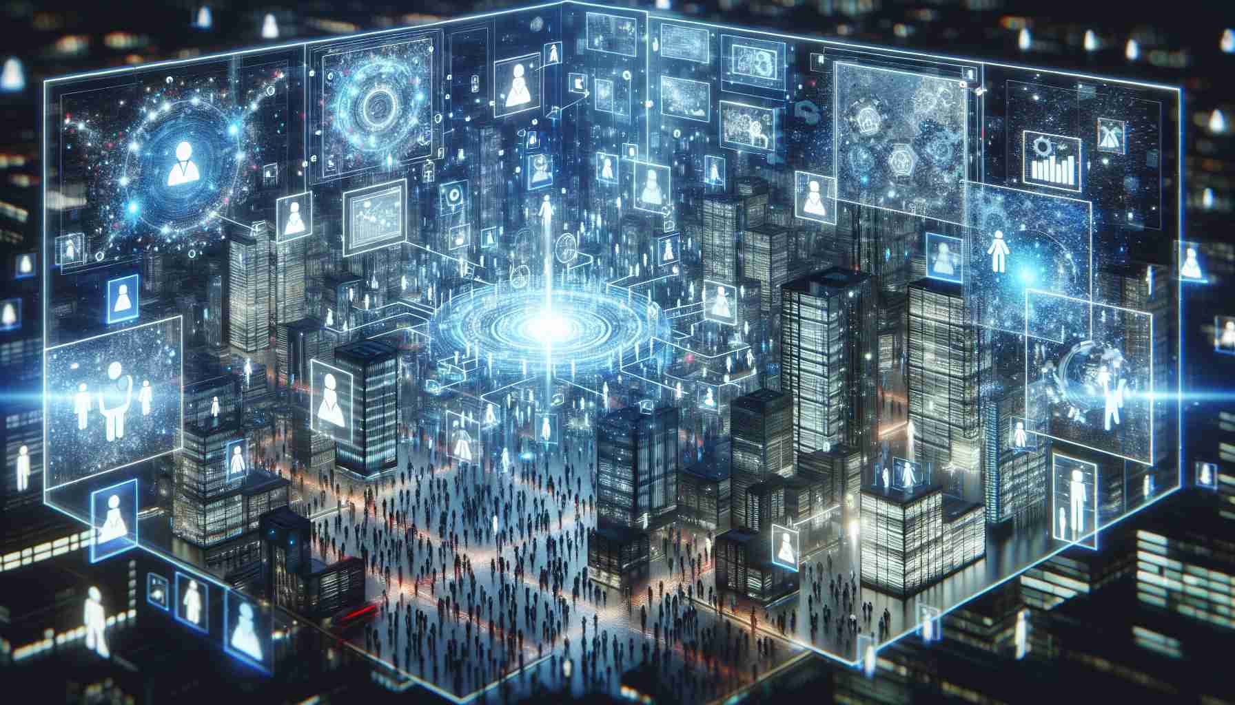 A detailed 3D rendering of the concept of Big Data transforming both business and consumer experience. This could entail visual representations like a massive, complex network of interconnected information points, glowing with different shades of blue, signifying the vast amount of data. Also including images of people of various genders and descents, symbolizing the consumers and business people, interacting with this data using futuristic, transparent touch screens and augmented reality interfaces. Set this vision within modern corporate offices and bustling cityscapes, illuminated by the digital glow of Big Data.