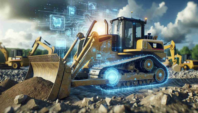 High definition, realistic image of a construction scene where a Caterpillar's advanced AI technology is being applied. This might include machinery like bulldozers, excavators or loaders enhanced with high-tech features such as sensors, monitors or other AI-powered devices. The scene should convey a sense of cutting-edge technology revolutionizing the traditional construction process.