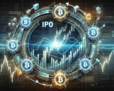 High-quality, realistic image displaying the intersection of financial systems and technology. In the forefront, visualize a traditional stock market trading chart, its curves, peaks and troughs. Across the chart, transitioning smoothly, manifest block chain symbols interwoven with the financial elements - chains of blocks forming an intertwined connection with arrows signifying progress and direction. Above this fusion, showcase a symbolic representation of an 'IPO' text, implying its transformation under this new force. The background should depict evolving digital technology with binary codes and digital assets. Overall, narrate the revolutionizing impact of blockchain on traditional listings.