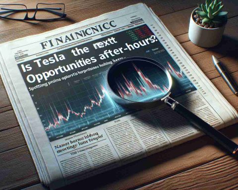 Realistic HD image of a financial newspaper headline reading 'Is Tesla the Next Big Thing? Spotting Opportunities After-Hours', placed on a wooden table with a magnifying glass nearby.