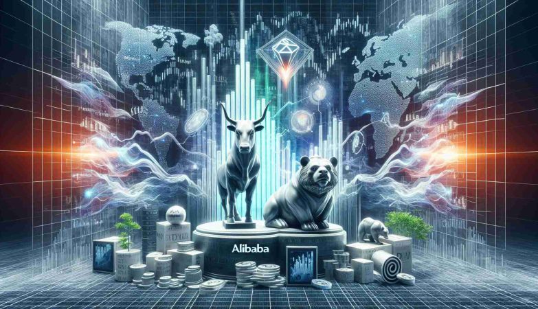 Generate a realistic, detailed, high-definition conceptual image representing Alibaba's stock reshuffle. Depict a futuristic backdrop with AI-inspired visual elements such as binary codes, neural nets, and data-processing servers. Also, represent symbols of investment, stocks, and financial forecasting like stock charts, bull and bear marble sculptures, and financial newspapers. The overall mood of the image should be dynamic, indicating the transformative potential of AI in reshaping the future.