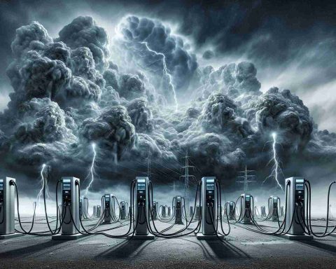 Create a hyper-realistic, high-definition image that embodies the concept of an unforeseen struggle faced by colossal entities engaged in the business of electric power charging. This could include a representation of mammoth charging stations appearing tiny in the face of a massive storm, symbolizing these challenges. The skyline could be dominated by storm clouds, with lightning bolts illuminating the looming threat. Represent the charging stations as metallic giants, connected by a web of cable lines, stand in stark contrast to the impending threat above.