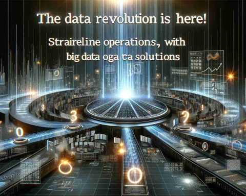 A high-definition and realistic image picturing the idea of a data revolution. The scene shows streams of data, represented by glowing numbers and symbols, coursing through a futuristic setup symbolizing operations. On the side, visuals of advanced technology solutions are depicted, radiating bright light, indicating the harnessing of big data. The phrase 'The Data Revolution is Here! Streamline Operations with Big Data Solutions' is emblazoned over the scene in bold, 3D styled letters.