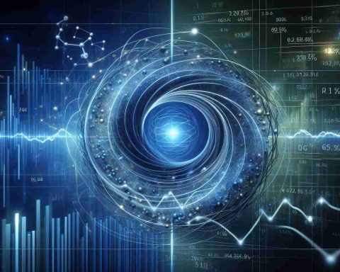 An accurate, high-definition image of the concealed possibilities of quantum computing. This picture should give a visual representation of a potential breakthrough in the field, symbolized by a fluctuating stock chart for a generic quantum computing company that experienced a decrease in stock value. Please depict the concept abstractly, using elements like quantum bits, superposition, and entanglement. Please avoid any specific logos, brand names, or identifiable markings.